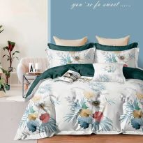 Lenjerie pat dublu Economy 4 piese, cearsaf pat 230x250 cm si pilota 200x230 cm, 2 fete perne 50x70, Motiv floral Alb ECN13