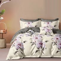 Lenjerie pat dublu Economy 4 piese, cearsaf pat 230x250 cm si pilota 200x230 cm, 2 fete perne 50x70, Motiv floral Crem ECN4