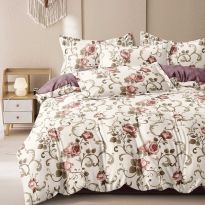 Lenjerie pat dublu Economy 4 piese, cearsaf pat 230x250 cm si pilota 200x230 cm, 2 fete perne 50x70, Imprimeu cu trandafiri Crem ECN8