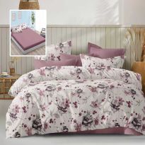 Lenjerie pat dublu Economy 6 piese, cearsaf pat cu husa 180x200 cm si pilota 200x230 cm, 2 fete perne 50x70 si 2 fete perna 70x70, Imprimeu floral Roz ECNH10