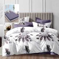 Lenjerie pat dublu Economy 6 piese, cearsaf pat cu husa 180x200 cm si pilota 200x230 cm, 2 fete perne 50x70 si 2 fete perna 70x70, Imprimeu pene Alb/Mov ECNH11