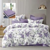 Lenjerie pat dublu Economy 6 piese, cearsaf pat cu husa 180x200 cm si pilota 200x230 cm, 2 fete perne 50x70 si 2 fete perna 70x70, Flori Alb/Mov ECNH14