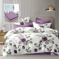 Lenjerie pat dublu Economy 6 piese, cearsaf pat cu husa 180x200 cm si pilota 200x230 cm, 2 fete perne 50x70 si 2 fete perna 70x70, Imprimeu floral Mov ECNH17