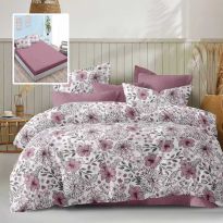 Lenjerie pat dublu Economy 6 piese, cearsaf pat cu husa 180x200 cm si pilota 200x230 cm, 2 fete perne 50x70 si 2 fete perna 70x70, Flori Roz ECNH19