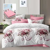 Lenjerie pat dublu Economy 6 piese, cearsaf pat cu husa 180x200 cm si pilota 200x230 cm, 2 fete perne 50x70 si 2 fete perna 70x70, Buchet floral Alb/Roz ECNH24