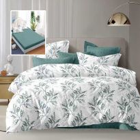 Lenjerie pat dublu Economy 6 piese, cearsaf pat cu husa 180x200 cm si pilota 200x230 cm, 2 fete perne 50x70 si 2 fete perna 70x70, Crengute Alb/Verde ECNH25