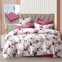 Lenjerie pat dublu Economy 6 piese, cearsaf pat cu husa 180x200 cm si pilota 200x230 cm, 2 fete perne 50x70 si 2 fete perna 70x70, Trandafiri Roz ECNH27