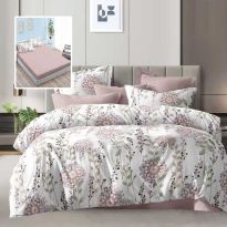 Lenjerie pat dublu Economy 6 piese, cearsaf pat cu husa 180x200 cm si pilota 200x230 cm, 2 fete perne 50x70 si 2 fete perna 70x70, Moderna Alb/Roz ECNH33