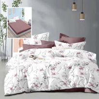 Lenjerie pat dublu Economy 6 piese, cearsaf pat cu husa 180x200 cm si pilota 200x230 cm, 2 fete perne 50x70 si 2 fete perna 70x70, Imprimeu floral Alb/Roz ECNH34