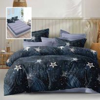 Lenjerie pat dublu Economy 6 piese, cearsaf pat cu husa 180x200 cm si pilota 200x230 cm, 2 fete perne 50x70 si 2 fete perna 70x70, Peisaj Nocturn AlbastruECNH39