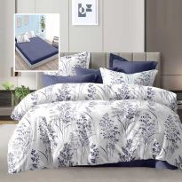 Lenjerie pat dublu Economy 6 piese, cearsaf pat cu husa 180x200x25 cm si pilota 200x230 cm, 2 fete perne 50x70 si 2 fete perna 70x70, Flori Albastru ECNH4