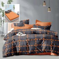 Lenjerie pat dublu Economy 6 piese, cearsaf pat cu husa 180x200 cm si pilota 200x230 cm, 2 fete perne 50x70 si 2 fete perna 70x70, Moderna Portocaliu/Negru ECNH41