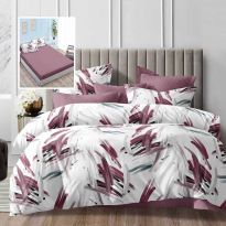 Lenjerie pat dublu Economy 6 piese, cearsaf pat cu husa 180x200 cm si pilota 200x230 cm, 2 fete perne 50x70 si 2 fete perna 70x70, Eleganta Alb/Mov ECNH42