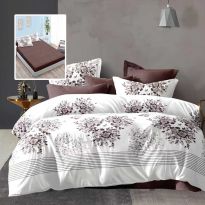 Lenjerie pat dublu Economy 6 piese, cearsaf pat cu husa 180x200 cm si pilota 200x230 cm, 2 fete perne 50x70 si 2 fete perna 70x70, Inimioara Alb/Maro ECNH9