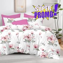 Lenjerie pat bumbac Finet 6 piese PROMO, cearșaf pat 220x240 cm, pilotă 200x220 cm, 2 fețe perne 50x70 și 70x70 cm, Alb/Roz, Pucioasa 