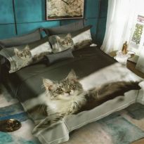 Lenjerie de pat dublu bumbac Finet 3D 6 piese 220 x 240 cm, Pisicuta, Gri, Pucioasa FN3D35