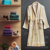Halat de baie si SPA Hotel cu guler Kimono Velur 100% Bumbac, unisex, 420 gr./mp, Crem L / XL