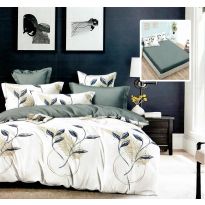 Lenjerie pat dublu Finet Bumbac 6 piese cu husa saltea 160x200 sau 180x200 cm, pilota 200x230 cm, 2 fete perna 50x70 si 70x70 cm, Frunze Alb Verde , Pucioasa HF6P219