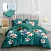 Lenjerie pat dublu Finet Bumbac 6 piese cu husa saltea 160x200 sau 180x200 cm, pilota 200x230 cm, 2 fete perna 50x70 si 70x70 cm, Verde-Albastru, Pucioasa HF6P230
