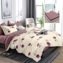 Lenjerie pat dublu Finet Bumbac 6 piese cu husa saltea 160x200 sau 180x200 cm, pilota 200x230 cm, 2 fete perna 50x70 si 70x70 cm, Alb-Mov, Pucioasa HF6P322