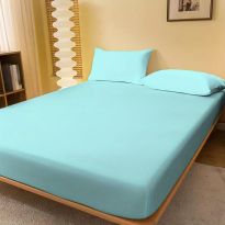 Set husă pat și fețe perne tricot jerse bumbac 100%, pentru saltea de 140x200 cm Bleu
