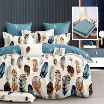 Lenjerie pat dublu Finet Bumbac 6 piese cu husa saltea 160x200 sau 180x200 cm, pilota 200x230 cm, 2 fete perna 50x70 si 70x70 cm, Crem / Turcoaz, Pucioasa KINSLEY H