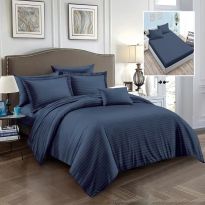 Lenjerie pat dublu 6 piese Damasc Policoton, cu husa saltea 160x200 sau 180x200 cm, pilota 200x230 cm, fete perne 50x70 cm si 70x70 cm, dunga 1 cm Albastru (6DPH3) 