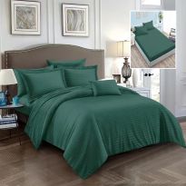 Lenjerie pat dublu 6 piese Damasc Policoton, cu husa saltea 160x200 sau 180x200 cm, pilota 200x230 cm, fete perne 50x70 cm si 70x70 cm, dunga 1 cm Verde (6DPH6) 