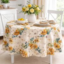 Față de masă rotundă 180 cm antimurdărire, Flori Bej/Galben Ralex Pucioasa