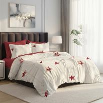 Lenjerie pat dublu ELVO Economy 6 piese Stelute Crem/Rosu LEE20