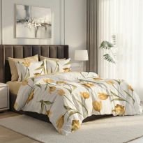 Lenjerie pat dublu ELVO Economy 6 piese Lalele Alb/Galben LEE8