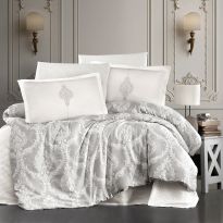Lenjerie pat premium Lux Satin 100% Bumbac, 4 piese king size, cearsaf 240x260 cm, pilota 200x220 cm, 2 fete perne 50x70 cm, Alb Elegant, Kaldera