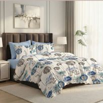 Lenjerie pat dublu ELVO Economy 6 piese Imprimeu floral Crem/Albastru LEE14