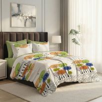 Lenjerie pat dublu ELVO Economy 6 piese Copaci Portocaliu/Verde LEE18