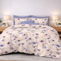 Lenjerie pat bumbac Finet 6 piese PROMO cu husă saltea 160x200 sau 180x200 cm, pilotă 200x220 cm, 2 fețe pernă 50x70 și 70x70 cm, Lila/Bej, Ralex Pucioasa