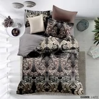 Lenjerie de pat dublu Poplin Percalle imprimat Bumbac 100%, 4 piese, cearsaf 240x260 cm, pilota 200x230 cm, 2 fete perne 50x70 cm, Imprimeu elegant Maro, Pucioasa