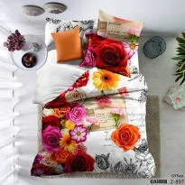 Lenjerie de pat dublu Poplin Percalle imprimat Bumbac 100%, 4 piese, cearsaf 240x260 cm, pilota 200x230 cm, 2 fete perne 50x70 cm, Floricele colorate Alb, Pucioasa