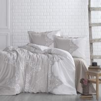 Lenjerie pat dublu Bumbac 100% Ranforce 4 piese extra large, cearsaf pat 240x260 cm, pilota 200x220 cm, 2 fete perne 50x70 cm, Bej MIKANOS V2