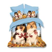 Lenjerie de pat dublu bumbac Finet 3D 6 piese 220 x 240 cm, Peisaj toamna si catelusi, Albastru Bej, Pucioasa FN3D20