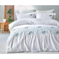 Lenjerie pat Satin Brodat Premium Lux 100% Bumbac, 6 piese king size, cearsaf 240x260 cm, pilota 200x220 cm, 2 fete perne brodate 50x70 cm, 2 fete perne simple 50x70cm, Clasy Dalya V2 Verde Elegant