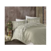Lenjerie pat Satin Brodat Premium Lux 100% Bumbac, 6 piese king size, cearsaf 240x260 cm, pilota 200x220 cm, 2 fete perne brodate 50x70 cm, 2 fete perne simple 50x70cm, Clasy Natura V2 Bej Elegant