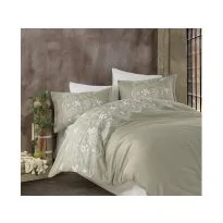 Lenjerie pat Satin Brodat Premium Lux 100% Bumbac, 6 piese king size, cearsaf 240x260 cm, pilota 200x220 cm, 2 fete perne brodate 50x70 cm, 2 fete perne simple 50x70cm, Clasy Natura V2 Bej Elegant