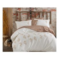 Lenjerie pat Satin Brodat Premium Lux 100% Bumbac, 6 piese king size, cearsaf 240x260 cm, pilota 200x220 cm, 2 fete perne brodate 50x70 cm, 2 fete perne simple 50x70cm, Clasy Yade V2 Crem Modern