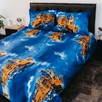 Lenjerie pat dublu Bumbac 100% Ranforce 4 piese extra large, cearsaf pat 240x260 cm, pilota 200x220 cm, 2 fete perne 50x70 cm, Albastru / Galben RNF_11