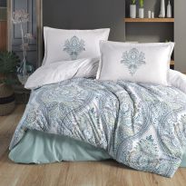 Lenjerie pat dublu Bumbac 100% Ranforce 4 piese extra large, cearsaf pat 240x260 cm, pilota 200x220 cm, 2 fete perne 50x70 cm, Alb / Albastru RUMA