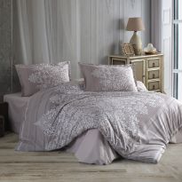 Lenjerie pat dublu Bumbac 100% Ranforce 4 piese extra large, cearsaf pat 240x260 cm, pilota 200x220 cm, 2 fete perne 50x70 cm, Alb / Bej RUTE