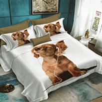 Lenjerie de pat dublu bumbac Finet 3D 6 piese 220 x 240 cm, Catelusi vesel, Bej, Pucioasa FN3D28
