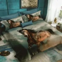 Lenjerie de pat dublu bumbac Finet 3D 6 piese 220 x 240 cm, Cal, Albastru Gri, Pucioasa FN3D41