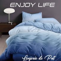 Lenjerie pat Finet Enjoy Life 4 piese, cearșaf pat 240x260 cm, pilotă 200x230 cm, 2 fețe perne 50x70 cm, Alb-Bleu