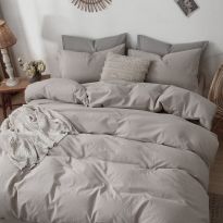 Lenjerie de pat dublu Percalle cu 2 fete UNI Bumbac 100% 4 piese cearsaf pat 240x260 cm, pilota 200x230 cm, 2 fete perne 50x70 cm, Bej, Pucioasa